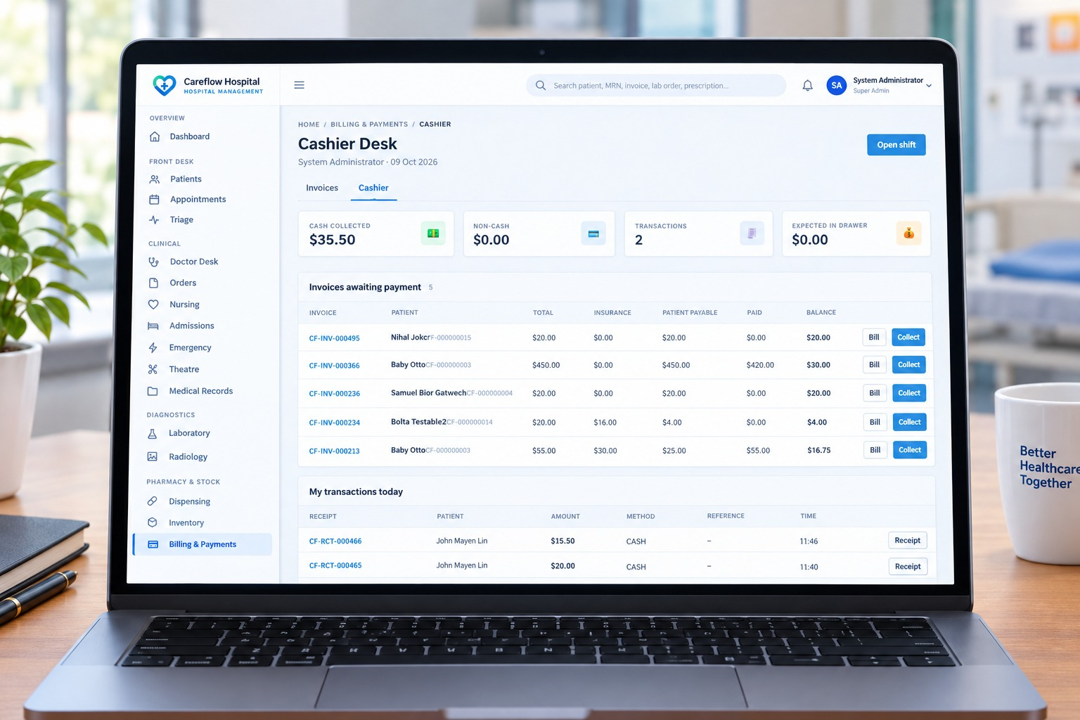 CareFlow hospital management system — cashier desk billing screen